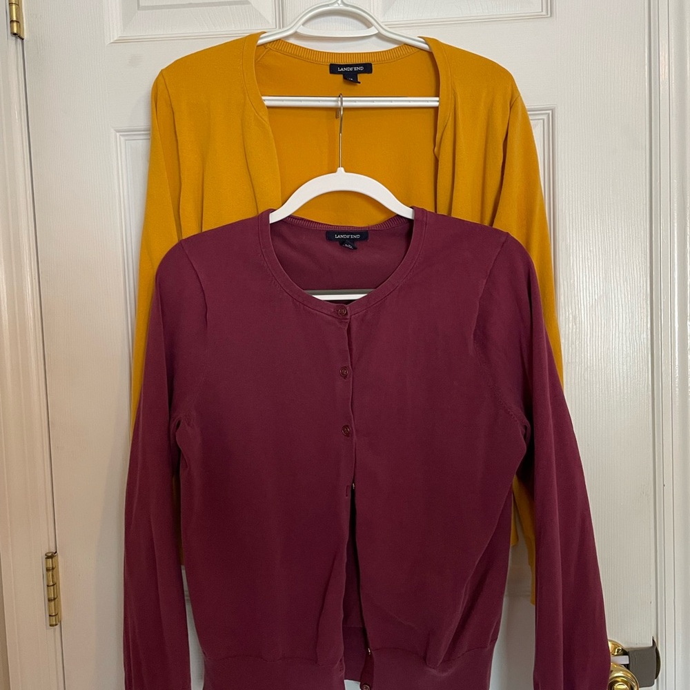 Lands' End Women's Cardigan Sweater - Plum and Mustard
